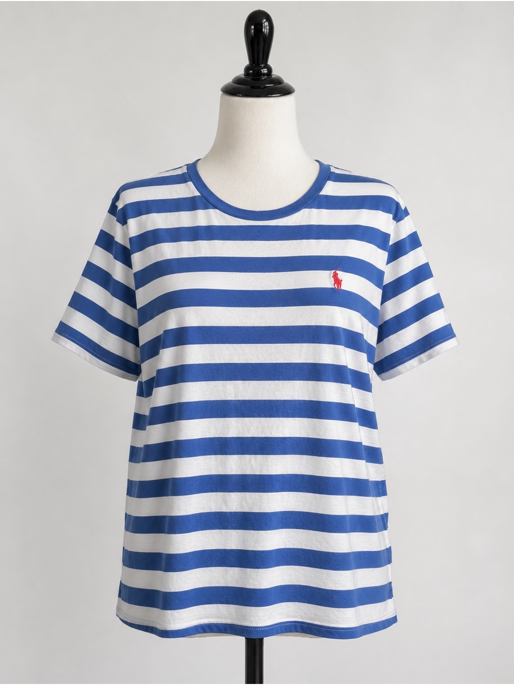 ladies Polo Ralph Lauren Blue & White Striped Crewneck Tee with Red Logo